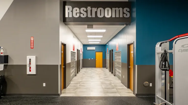 Restrooms and locker area at Cantrell club