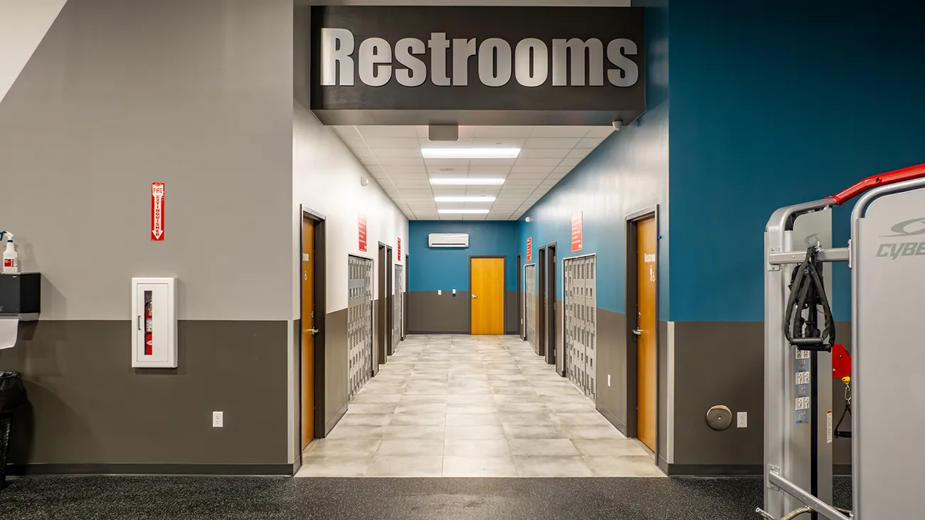 Restrooms and locker area at Cantrell club
