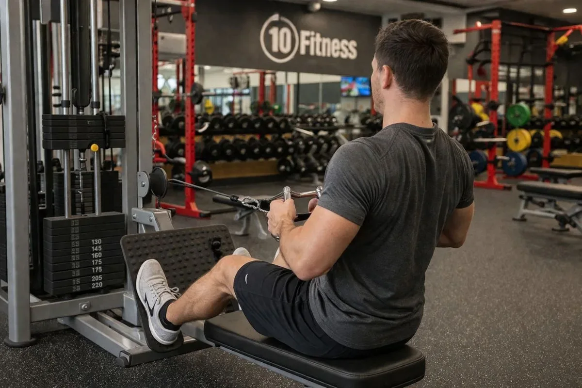 Person performing back workout exercises at 10 Fitness gym