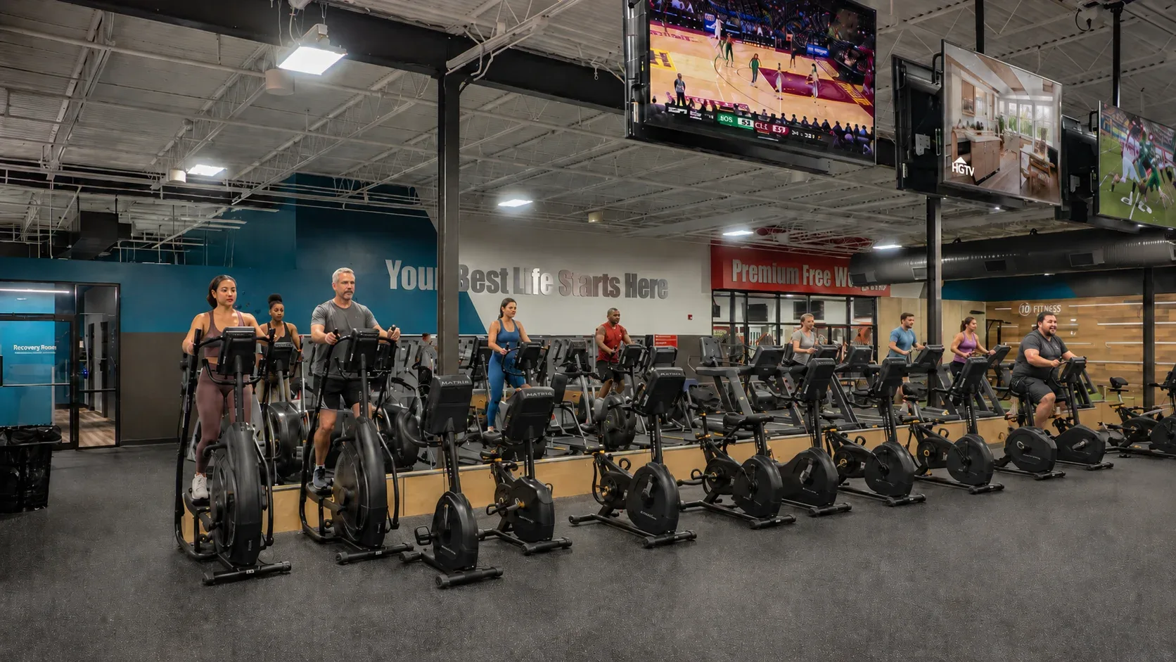 Busy gym floor with cardio machines including treadmills and ellipticals at 10 Fitness