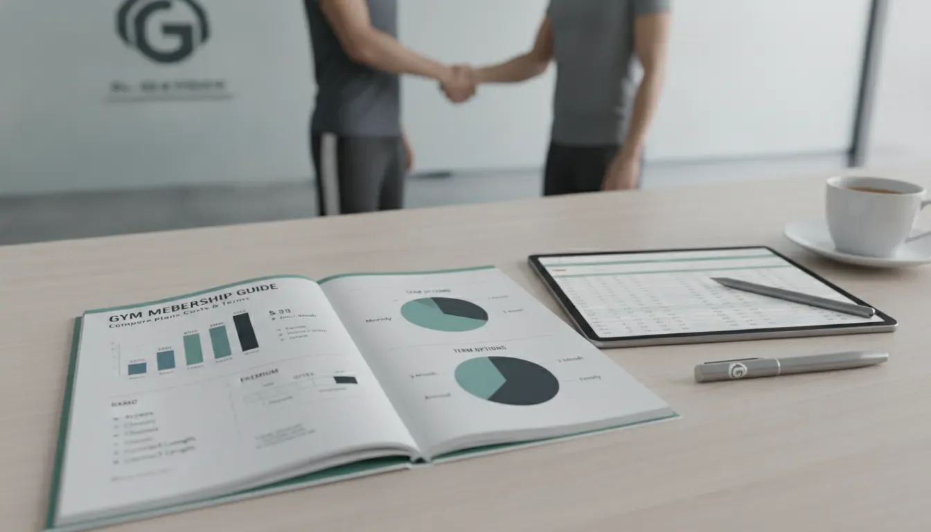 Gym membership guide with pricing charts on a tablet and handshake in a fitness center.