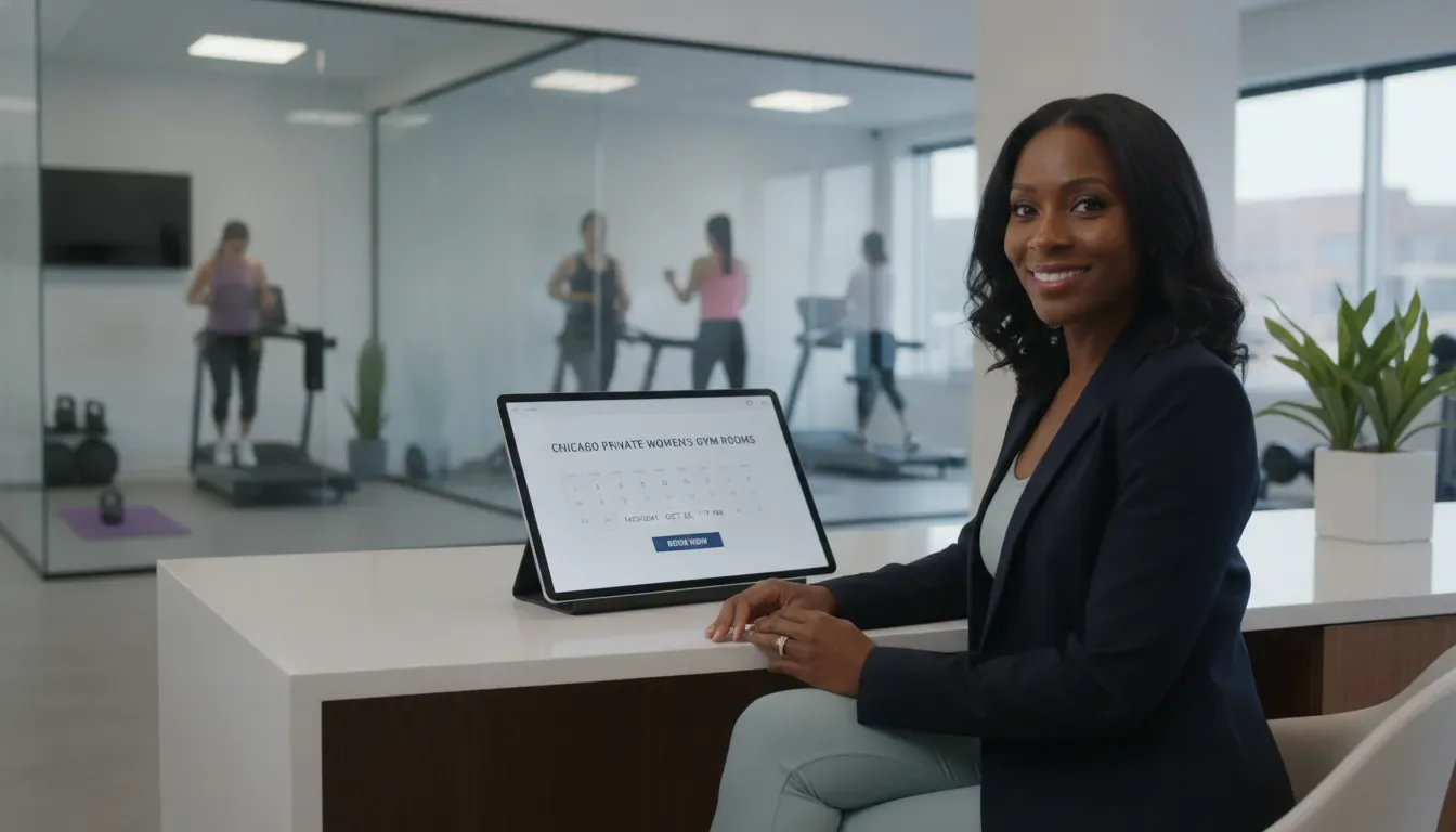 Woman booking a private gym room for women in Chicago on a tablet.
