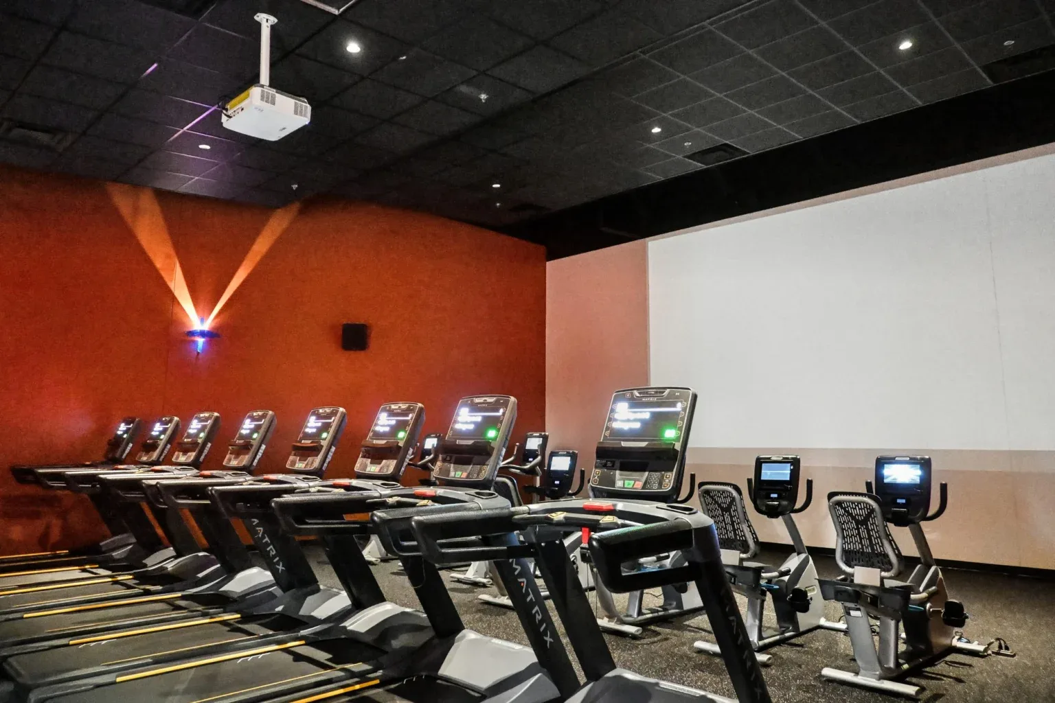 Cardio Cinema theater room at 10 Fitness Bowman