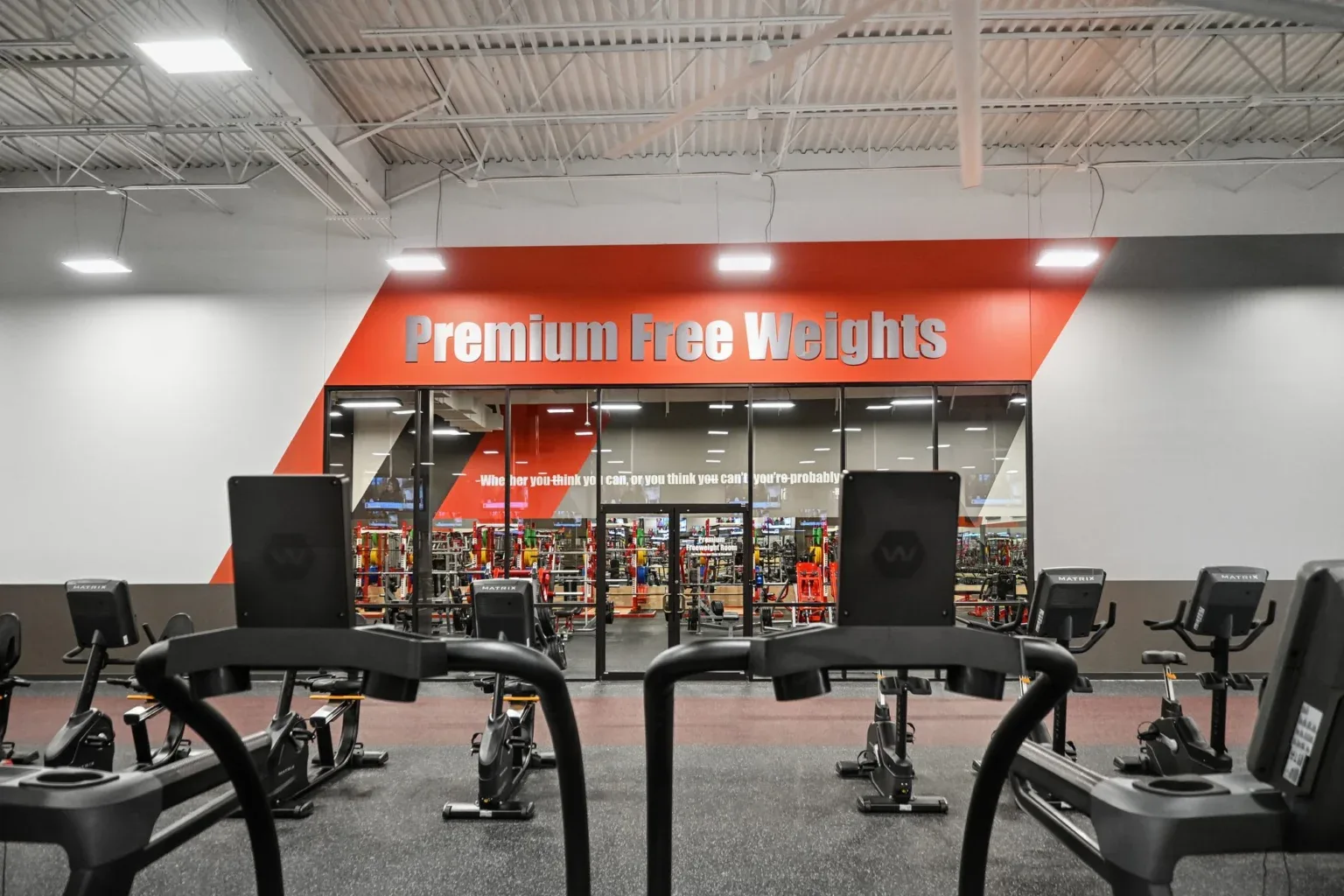 Entrance to the premium free weight room at 10 Fitness Bowman