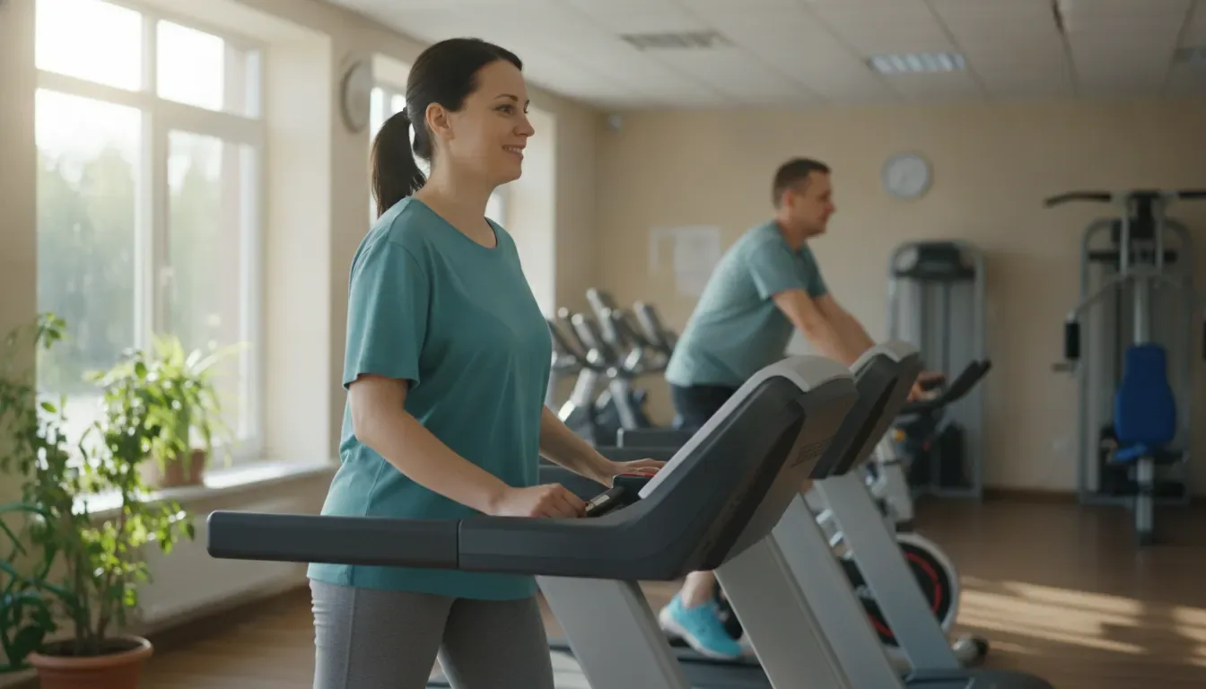 A member walking at an easy pace on a gym treadmill during a rest-day session