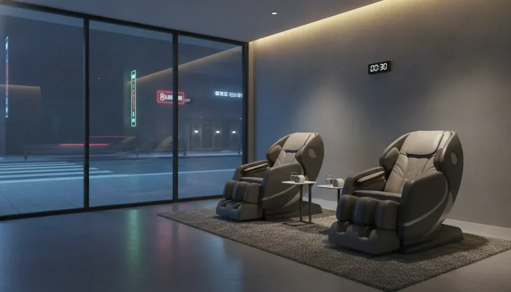 Two massage chairs in a modern gym lounge with a city view at night.