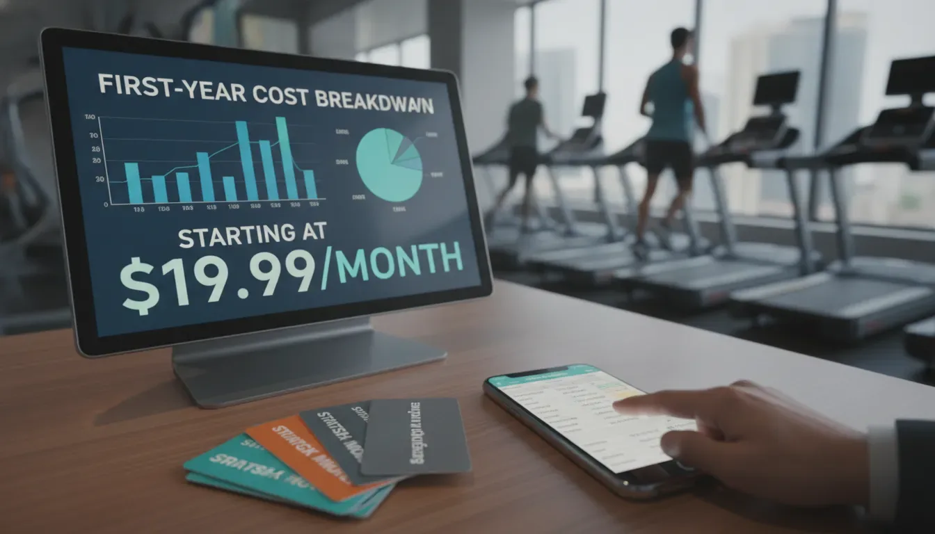 Cheap gym membership prices starting at $19.99 per month in a modern fitness center.