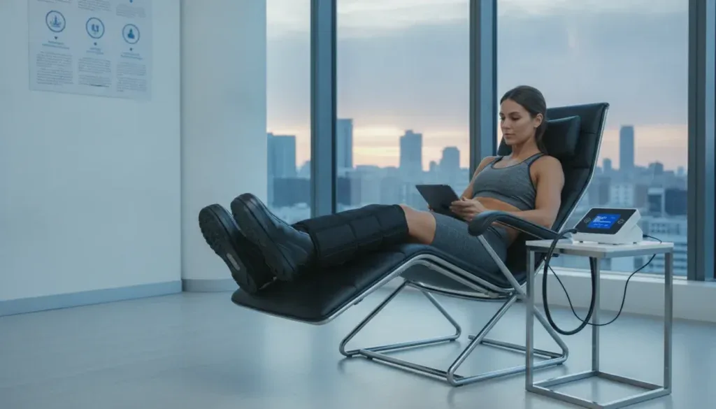 Woman using compression boots for post-workout recovery.