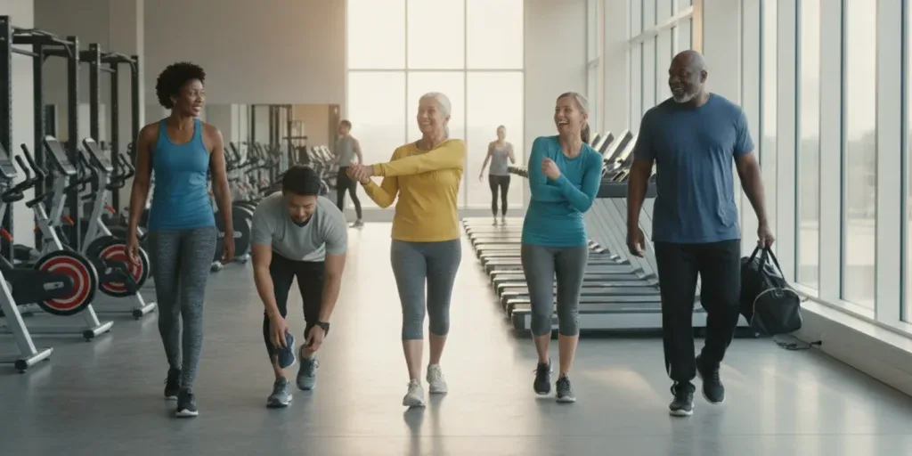 Employees in workout clothes arriving at a welcoming gym for a group fitness session