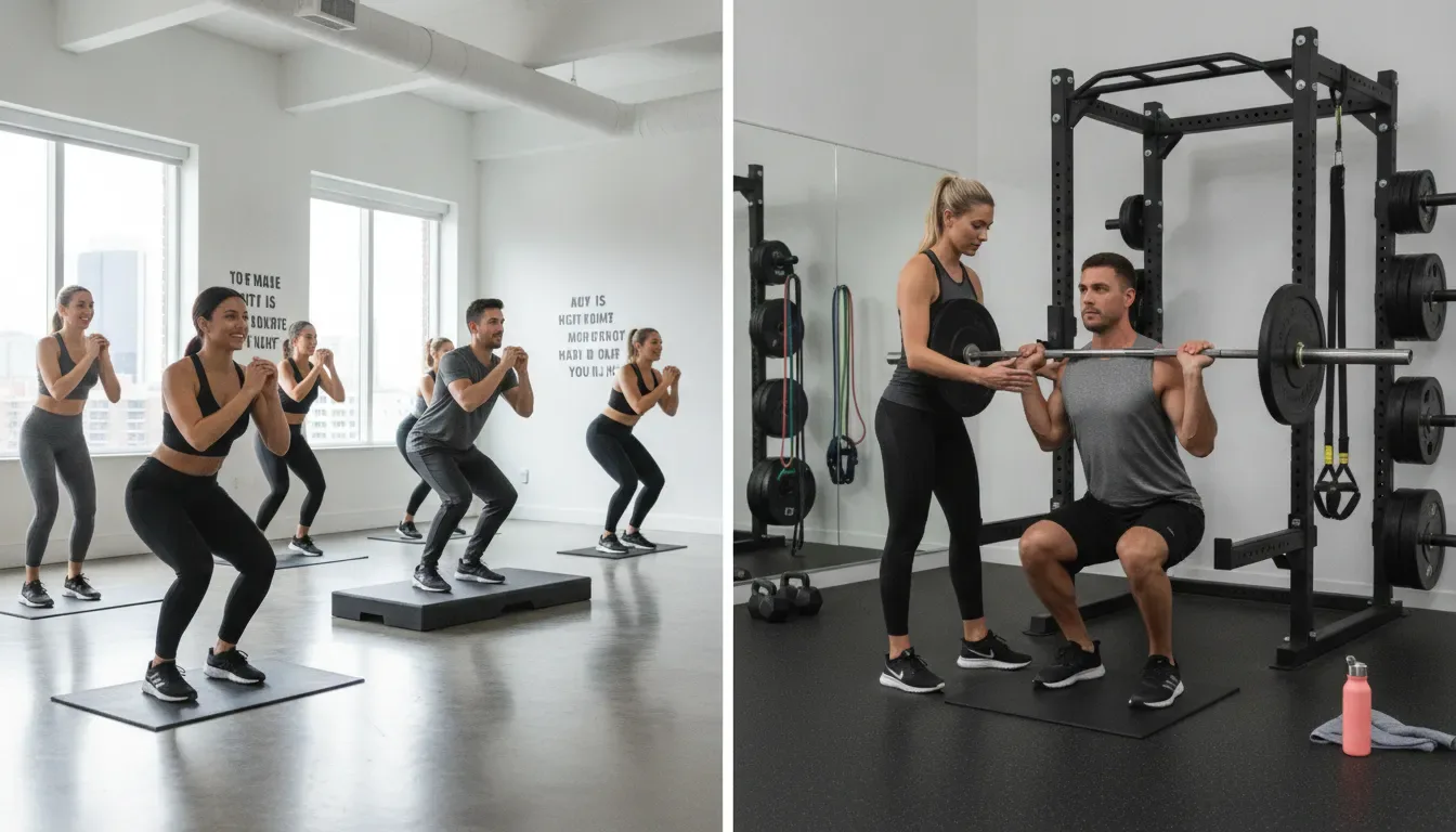 Group fitness class versus personal training with barbell squats.