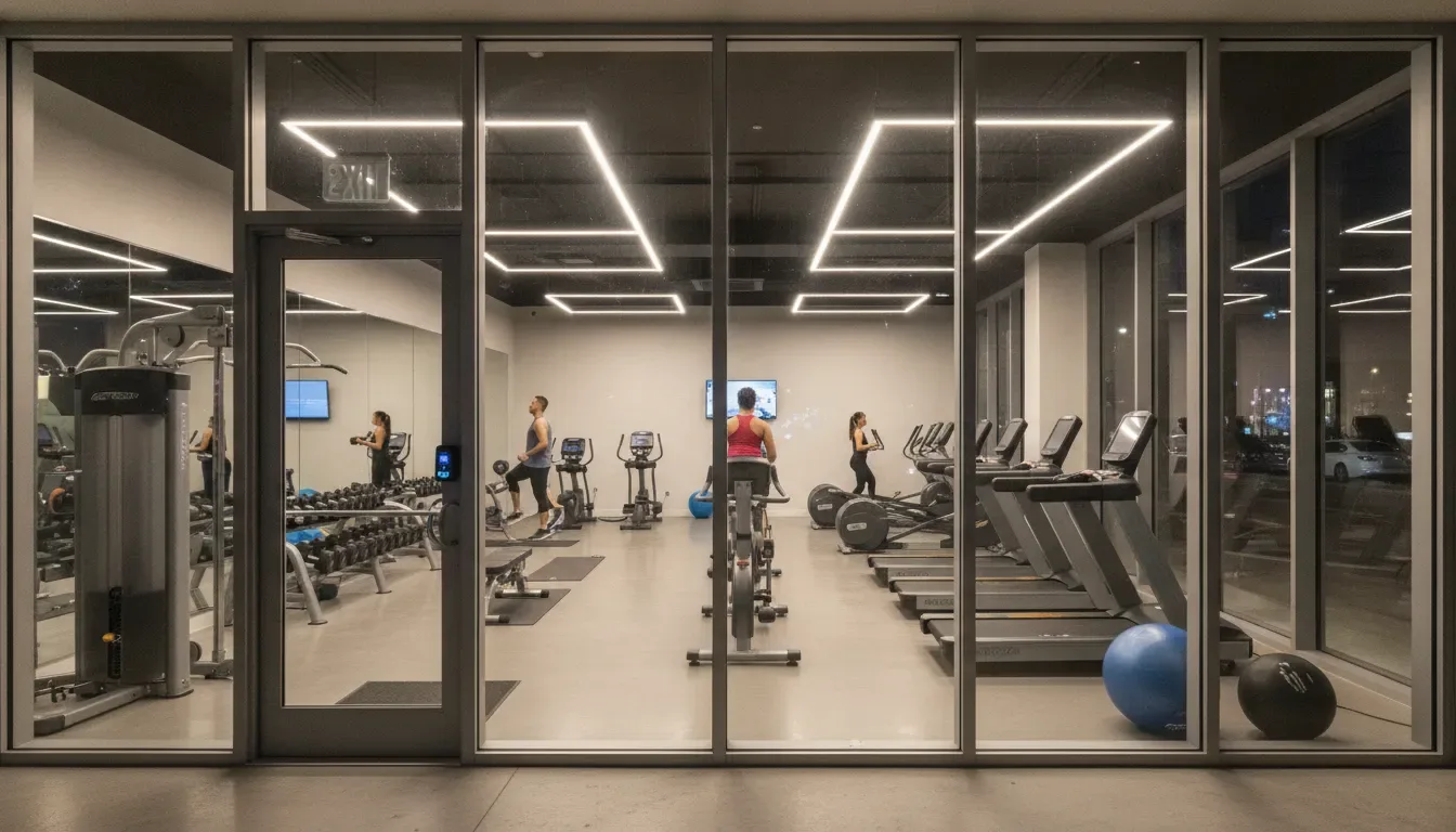 Modern 24-hour gym with cardio machines, free weights, and members working out at night.