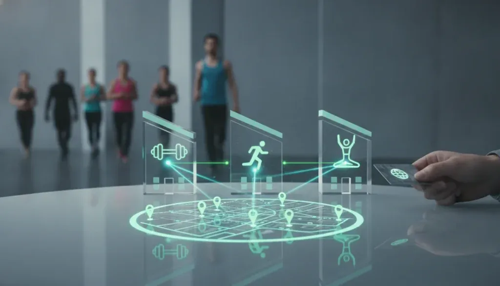 Digital icons for multi-location gym membership access, running, and yoga.