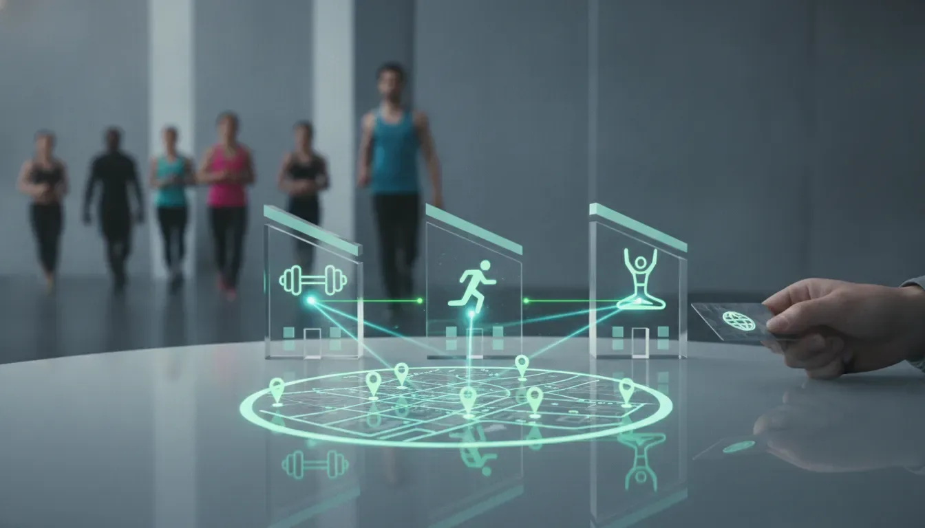 Digital icons for multi-location gym membership access, running, and yoga.