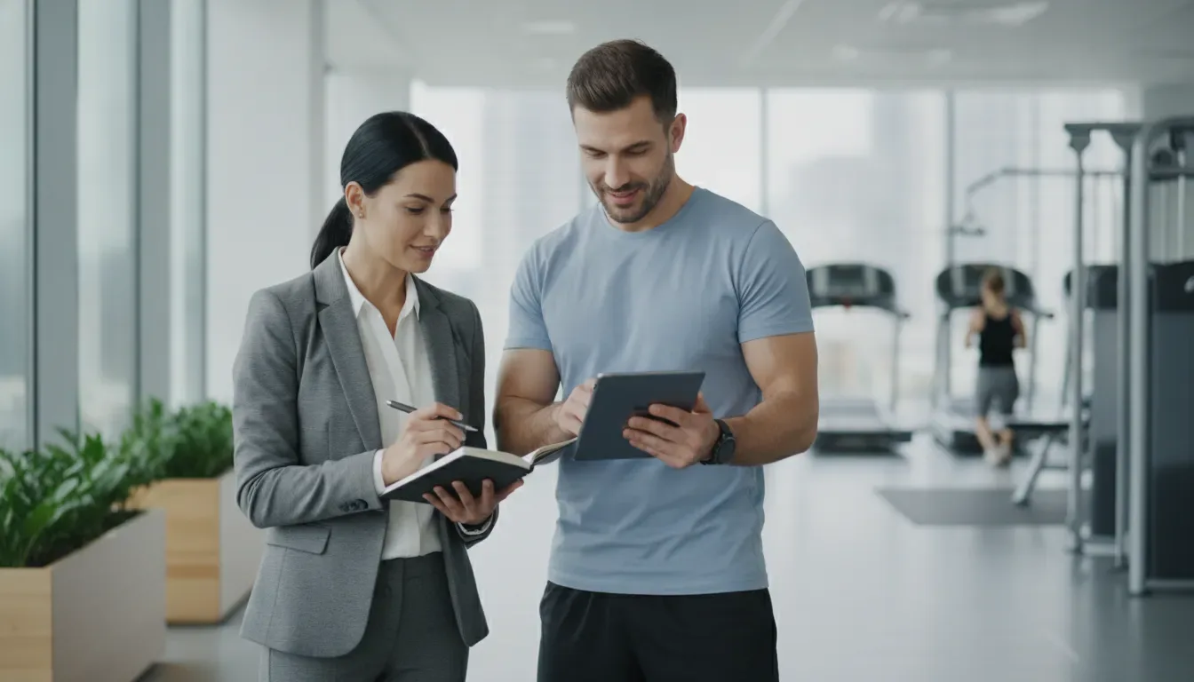 Woman consulting a personal trainer in a gym about fitness goals and a personalized training plan.
