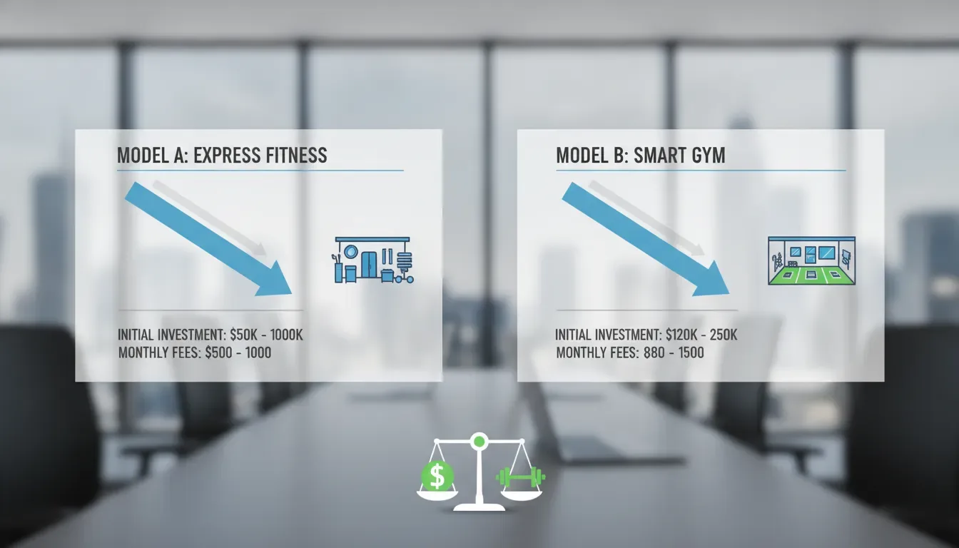 Comparison chart of low-cost gym franchise models, showing Express Fitness and Smart Gym startup and monthly fees.