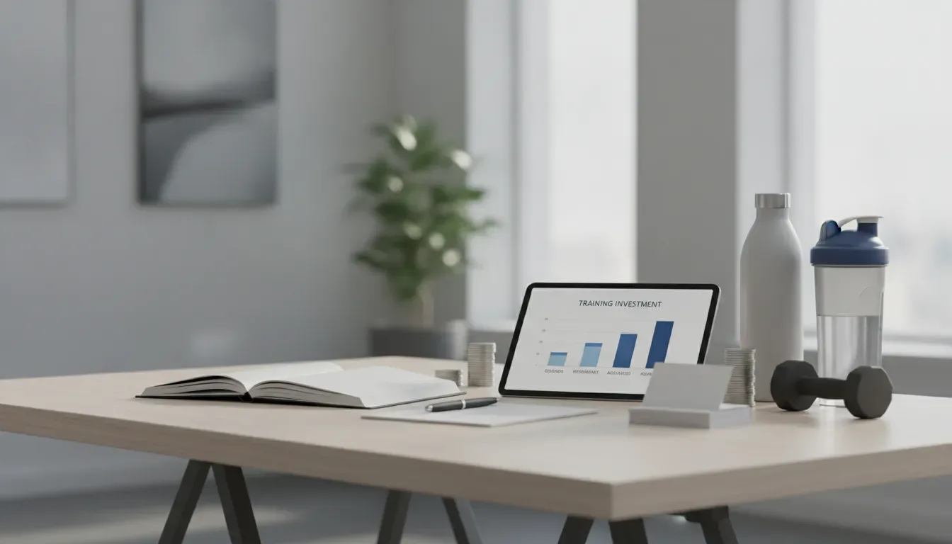 Desk with tablet displaying personal training prices chart, notebook, water bottle, and dumbbell.