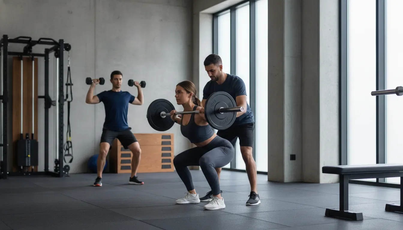 People doing strength training with barbells and dumbbells under a trainer’s guidance.